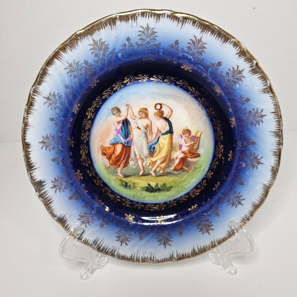 Antique Victoria Carlsbad, Australia Greek Woman Dancing Cherub And Lyre Cobalt